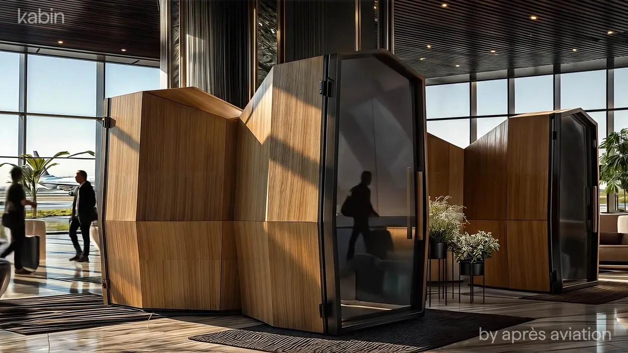 Two wood-clad Kabin by Après Aviation pods in a sunlit airport lounge, with floor-to-ceiling windows overlooking an aircraft on the tarmac and a traveller walking past.