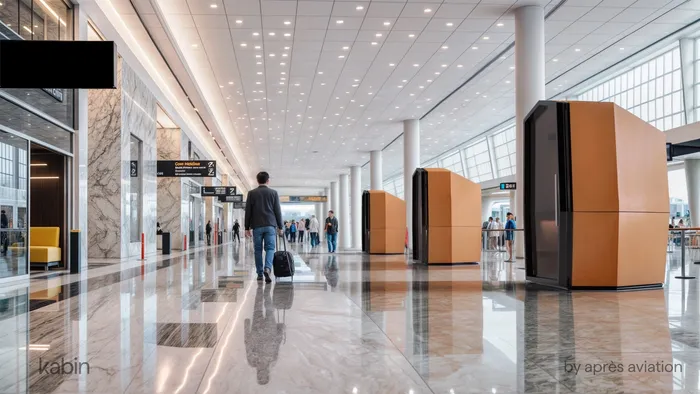 Kabin by Après Aviation privacy pods lining a busy airport terminal corridor as a traveller walks past with luggage.
