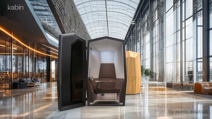 Render of a Kabin by Après Aviation private pod with its door open in a bright, glass-roofed airport terminal atrium.