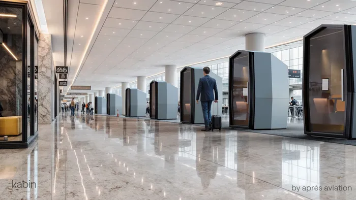 Kabin by Après Aviation, an acoustic privacy pod for secure working inside a premium airport lounge.